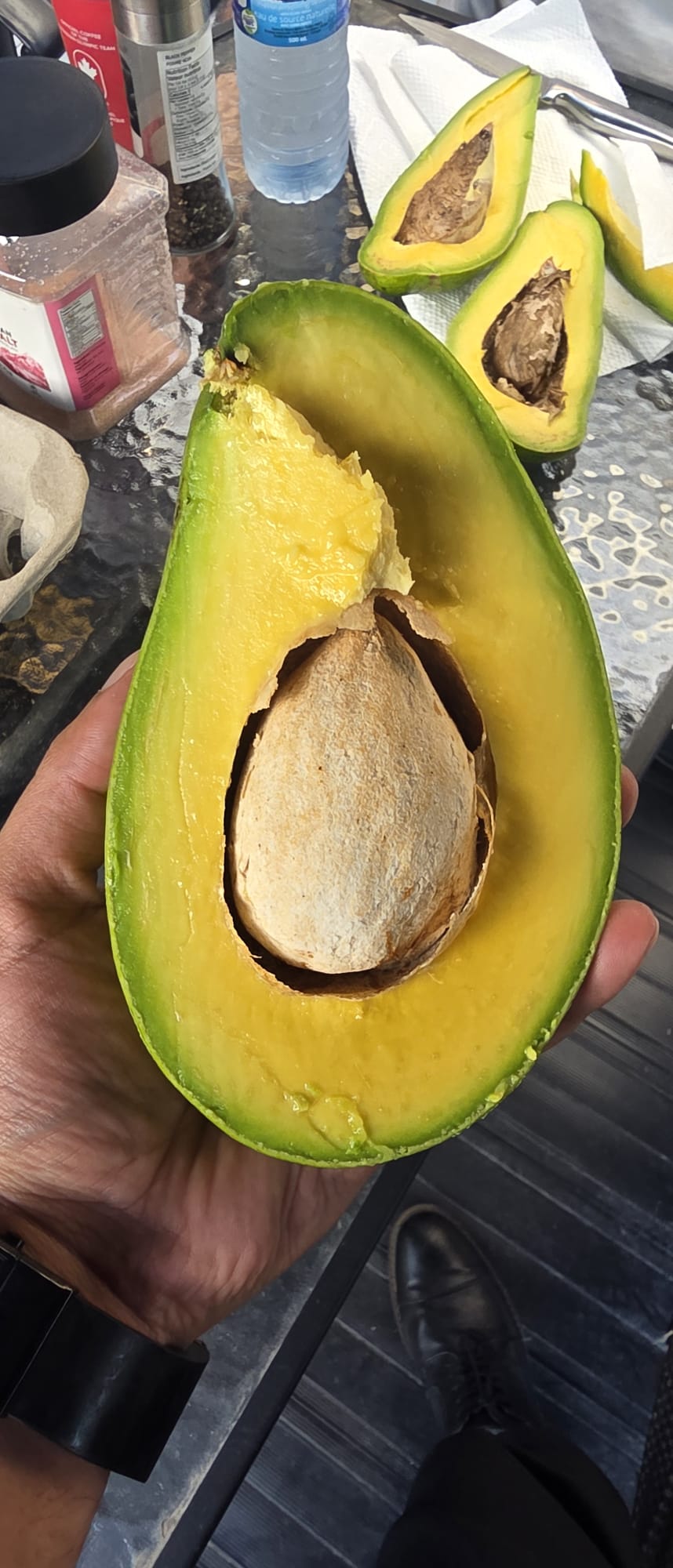Cut avocado sample showing the flesh and seed