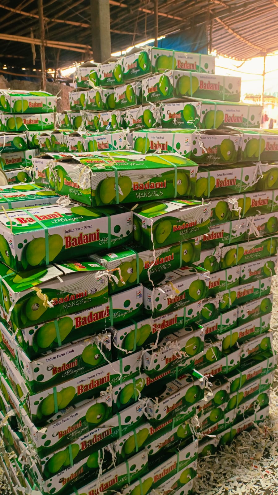 Branded produce cartons stacked for handling